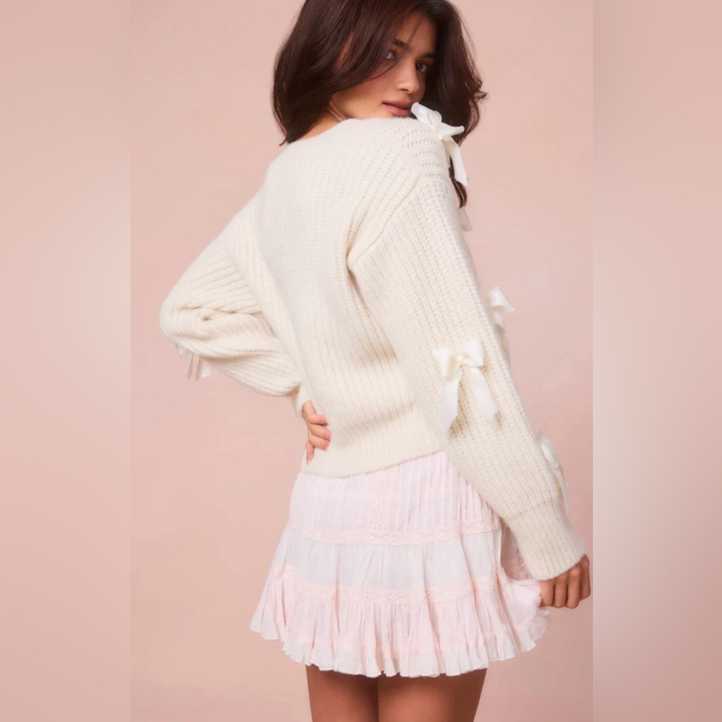Loveshackfancyashton Alpaca Cardigan Snow Xl Nwt Bow Knit Sweater